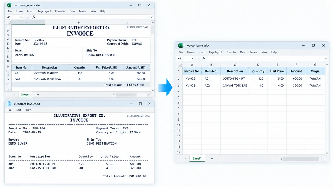 同一份 INV-026 發票以 Excel 與 TXT 的整張單據排版呈現,整理後每筆品項各佔一列,並帶入發票號碼與產地。A01 數量 120、金額 600,A02 數量 80、金額 320;合計 920 不列為品項。